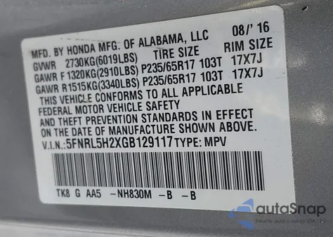 2016 Honda Odyssey Lx z USA, uszkodzony, nr VIN 5FNRL5H2XGB129117